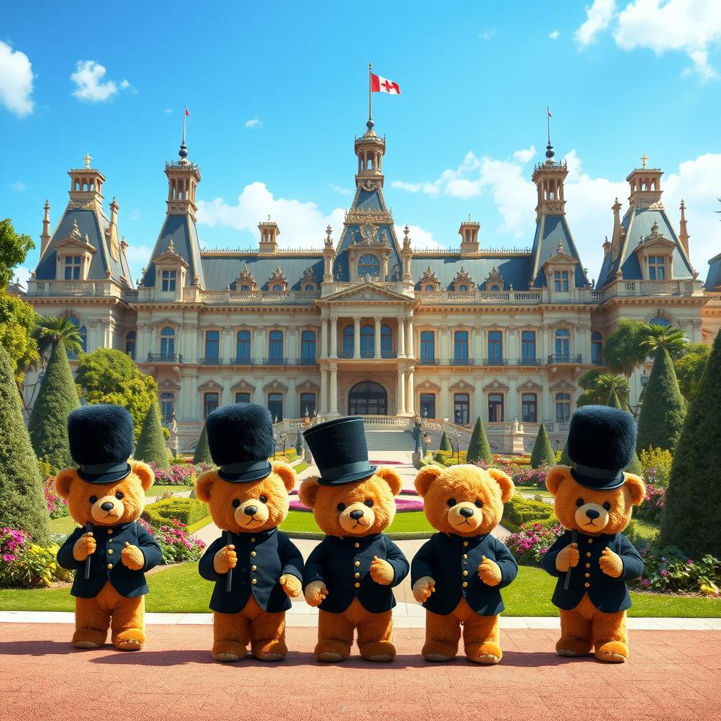 A grand palace vividly rendered in a magical style, surrounded by lush gardens and ornate architecture