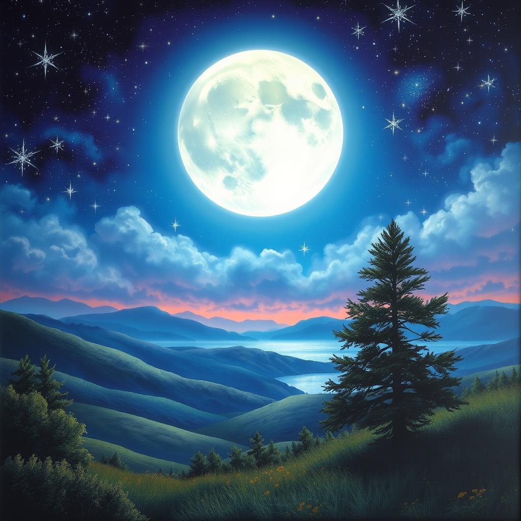 A mystical night scene featuring a large, luminous moon surrounded by a sky filled with shimmering stars