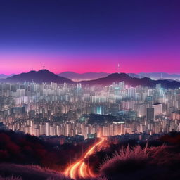 Finalize an album cover with a soothing lo-fi theme, featuring a fantasy version of Seoul at twilight. This scene is lit with soft glowing neon lights, enchanting skyscrapers, and hints of a tranquil soundscape.