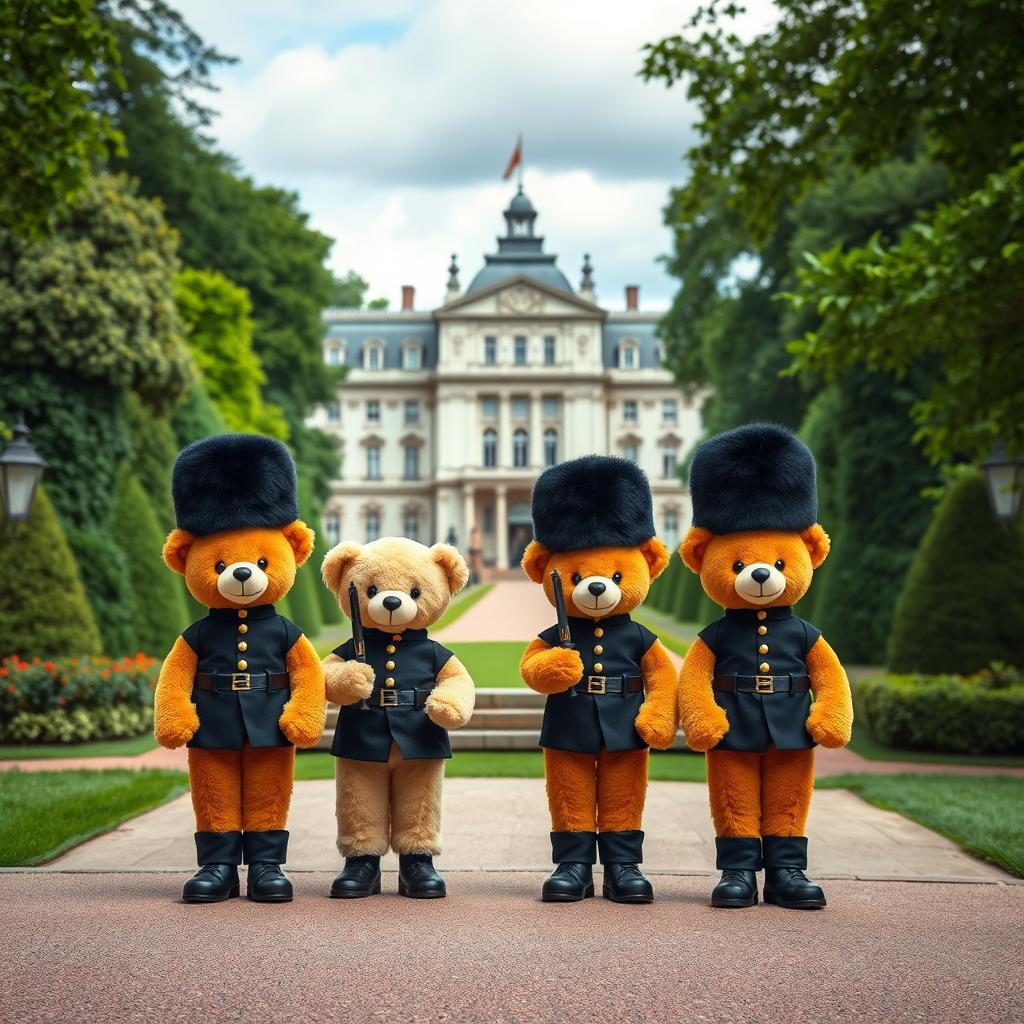 A grand palace in a picturesque setting, surrounded by lush greenery