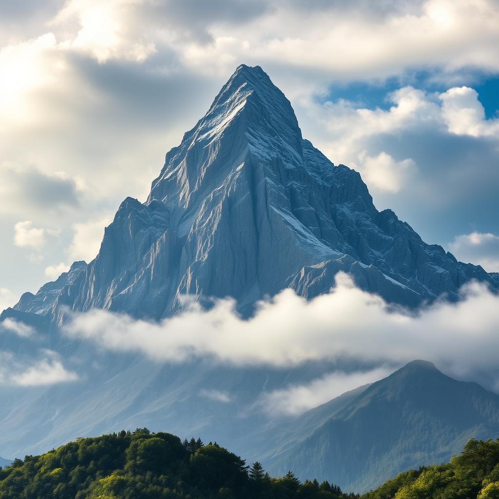 A majestic mountain resembling a dignified and stable living being, witnessing the changes of time while remaining steadfast against fluctuations
