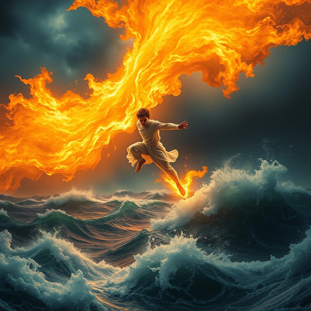 An exhilarating scene showcasing a brilliant and incredibly strong young man, described as agile and dressed in glowing white attire, engaged in a fierce battle in the sky against a colossal mass of heat (not fire) that is swirling ominously above a stormy sea
