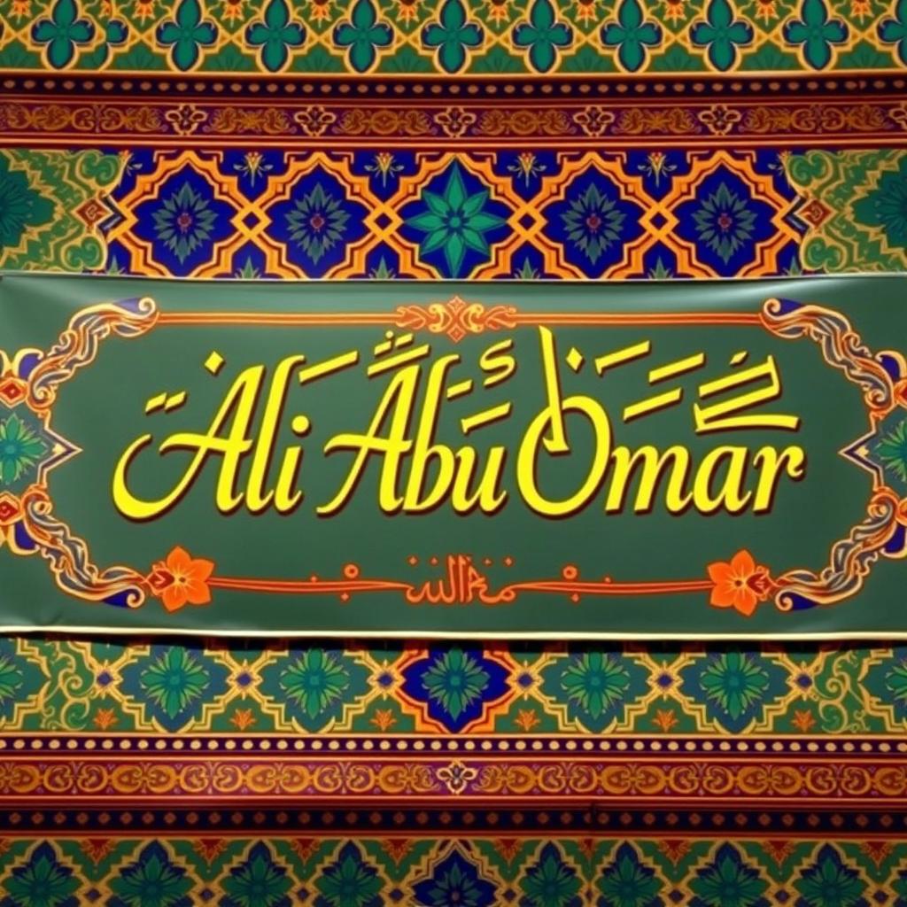 A vibrant and colorful banner featuring the name 'Ali Abu Omar' elegantly displayed in beautiful calligraphy