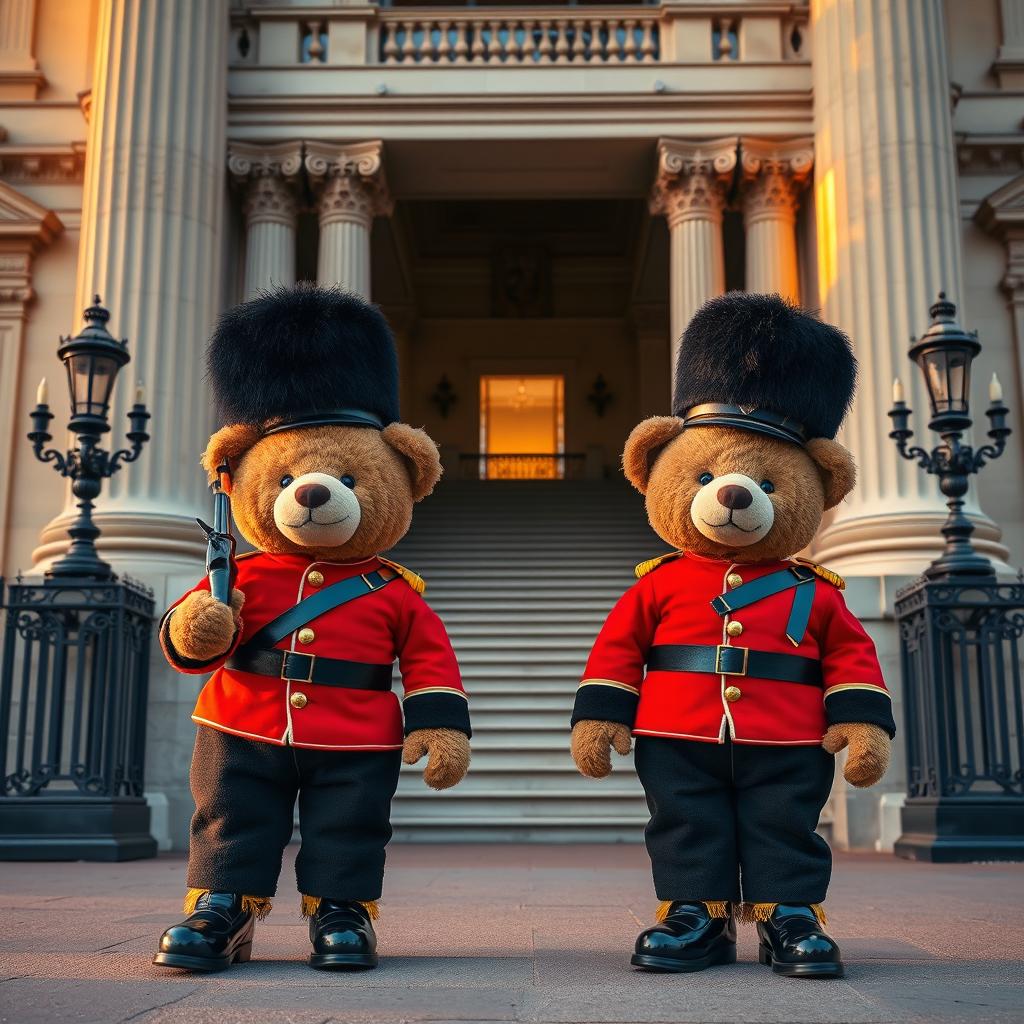 The grand entrance of a majestic palace adorned with two adorable teddy bears acting as guards