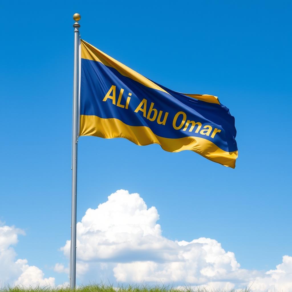 A flag waving on a tall flagpole, featuring the name 'Ali Abu Omar' prominently displayed in bold letters