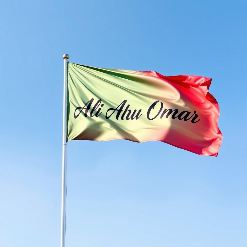 A beautifully designed flag flying majestically on a tall flagpole, featuring the name 'Ali Abu Omar' prominently displayed in elegant, flowing script