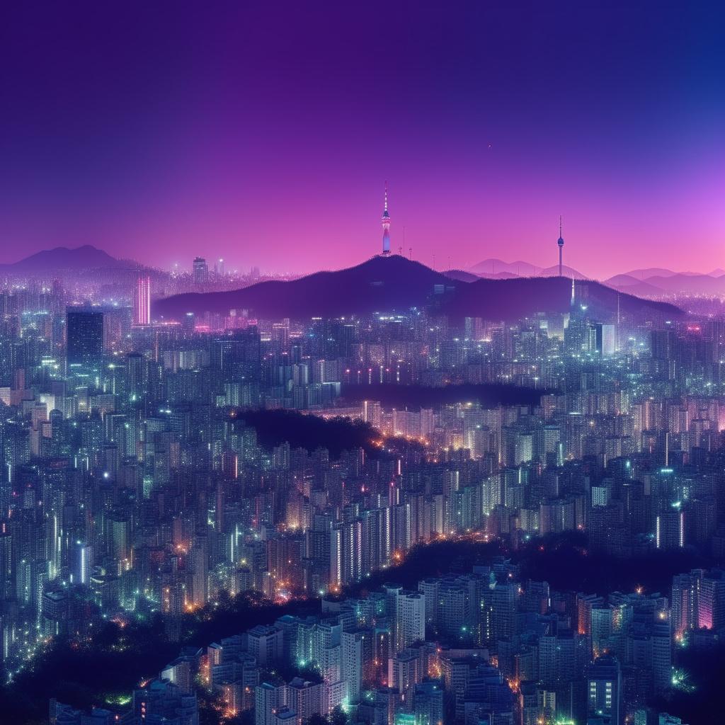 Finalize an album cover with a soothing lo-fi theme, featuring a fantasy version of Seoul at twilight. This scene is lit with soft glowing neon lights, enchanting skyscrapers, and hints of a tranquil soundscape.