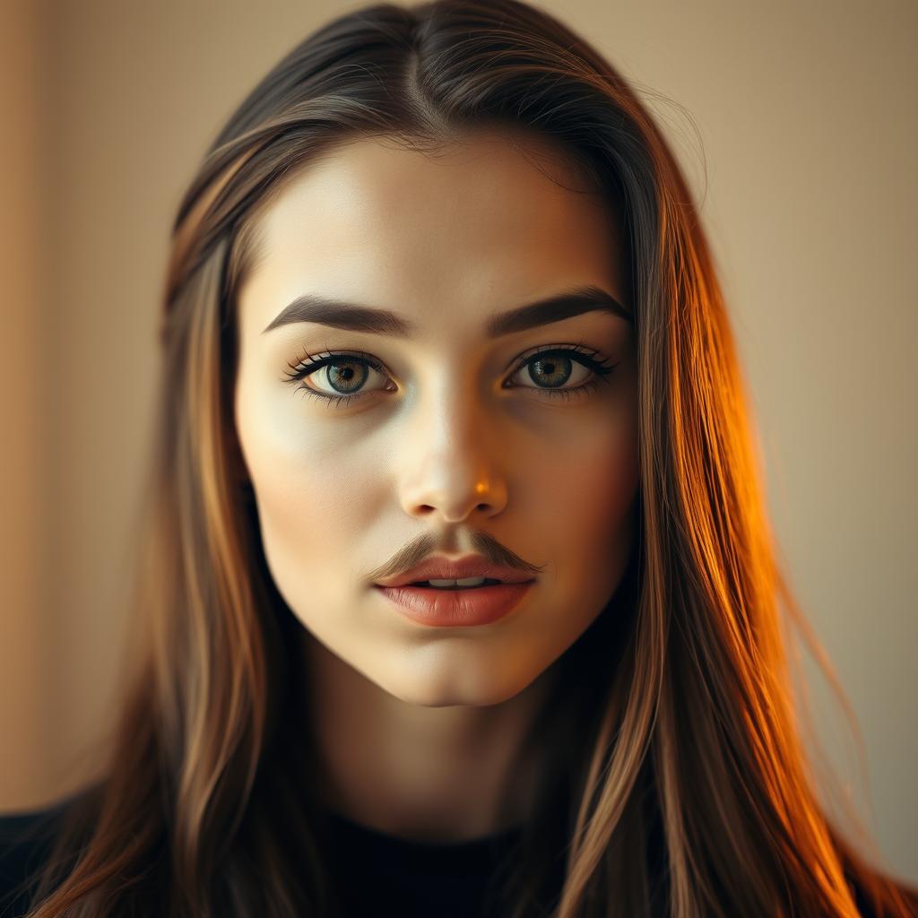 A portrait of a stunning young woman with light skin, featuring an elegant and stylishly groomed mustache