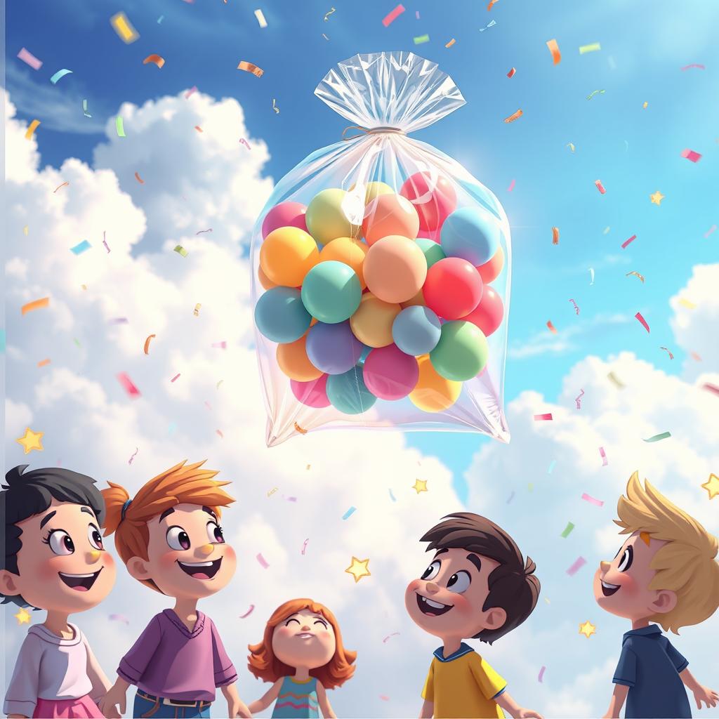 A surreal and vibrant scene depicting a whimsical Mylar bag filled with colorful and shiny balloons floating against a backdrop of a dreamy blue sky with fluffy white clouds