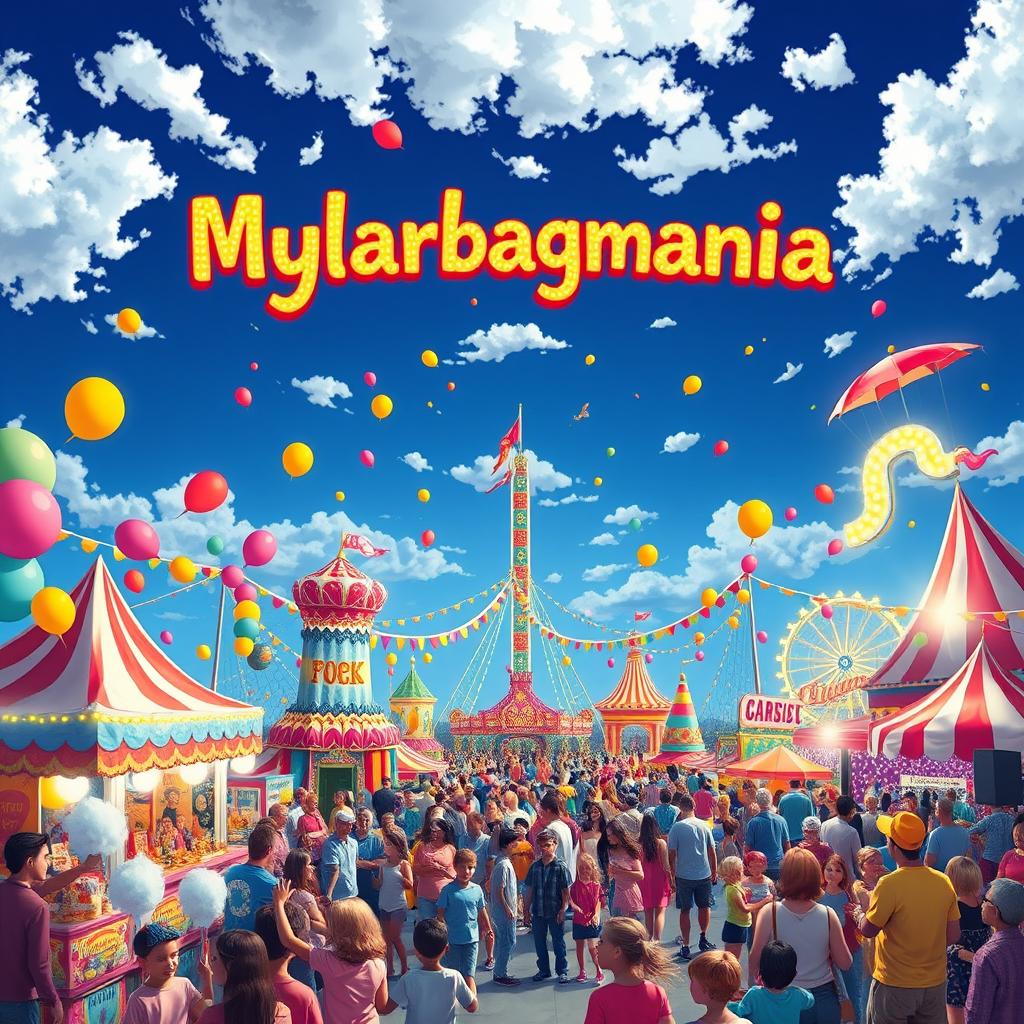 A vibrant carnival scene titled "Mylarbagmania", featuring colorful balloons, dazzling lights, and bustling crowds celebrating joy and excitement