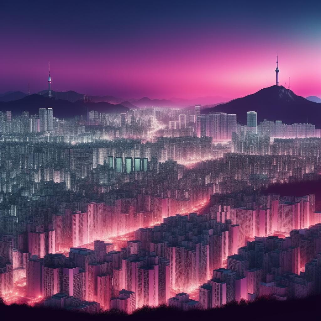 Finalize an album cover with a soothing lo-fi theme, featuring a fantasy version of Seoul at twilight. This scene is lit with soft glowing neon lights, enchanting skyscrapers, and hints of a tranquil soundscape.