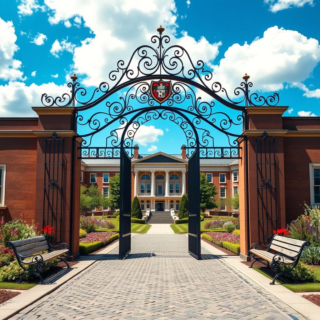 A front gate design for a college, showcasing an elegant arch structure with ornate detailing