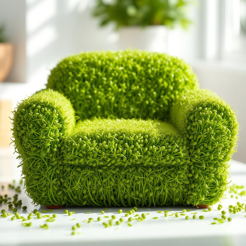 A lush green Nowruz Sabzeh (sprouted wheat, barley, or lentils) artfully shaped and designed to resemble a comfortable single armchair