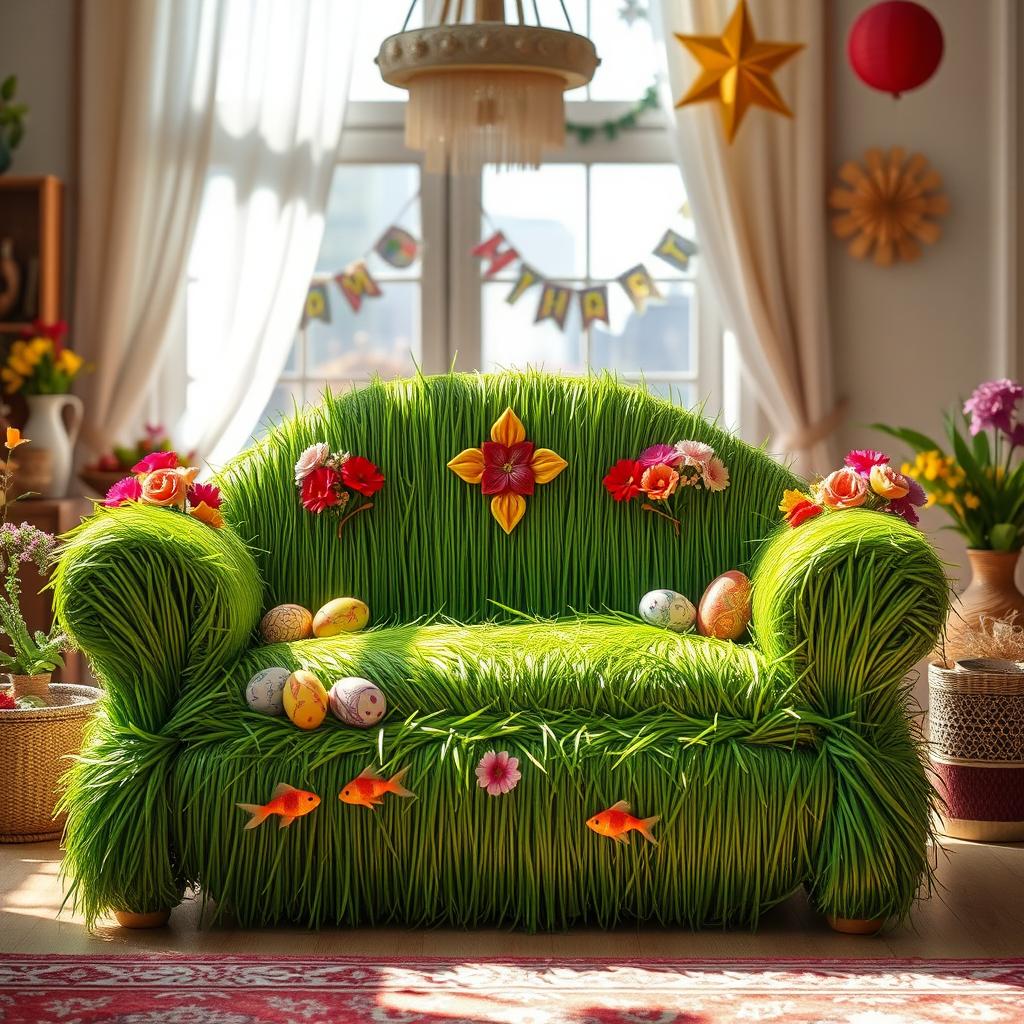 A beautifully arranged decorative couch resembling a single-person armchair, crafted from vibrant green grass, symbolizing the celebration of Nowruz (Persian New Year)