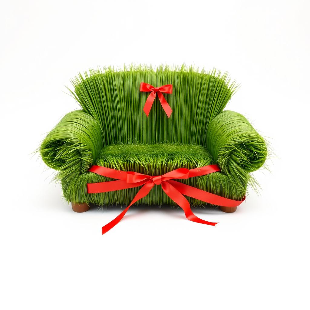 A beautifully crafted decorative couch resembling a single-person armchair made from fresh green grass, representing the spirit of Nowruz (Persian New Year)