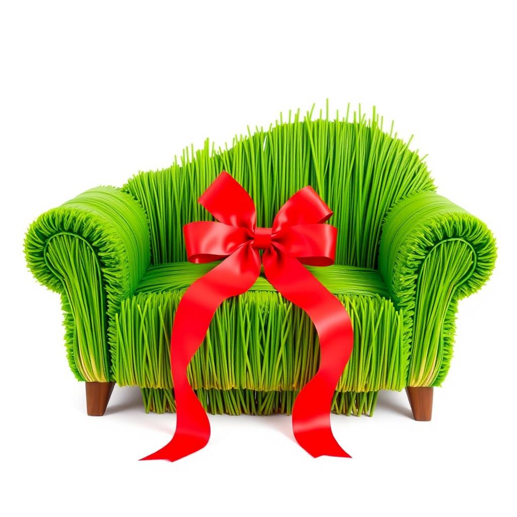 A charmingly decorative couch resembling a single-person armchair made from fresh green grass, symbolizing the celebration of Nowruz (Persian New Year)