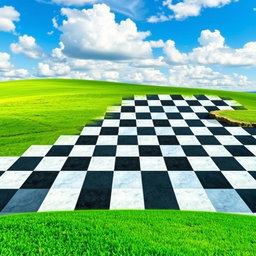 A vivid chessboard pattern with alternating colors of sky and earth, where the sky has a rich blue hue with fluffy clouds, and the earth features a vibrant green landscape