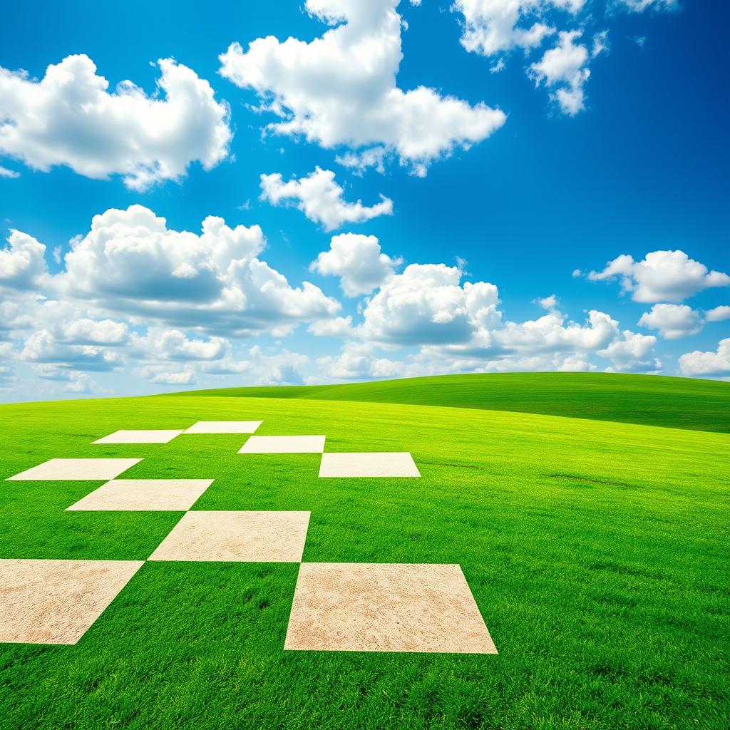 A vivid chessboard pattern with alternating colors of sky and earth, where the sky has a rich blue hue with fluffy clouds, and the earth features a vibrant green landscape
