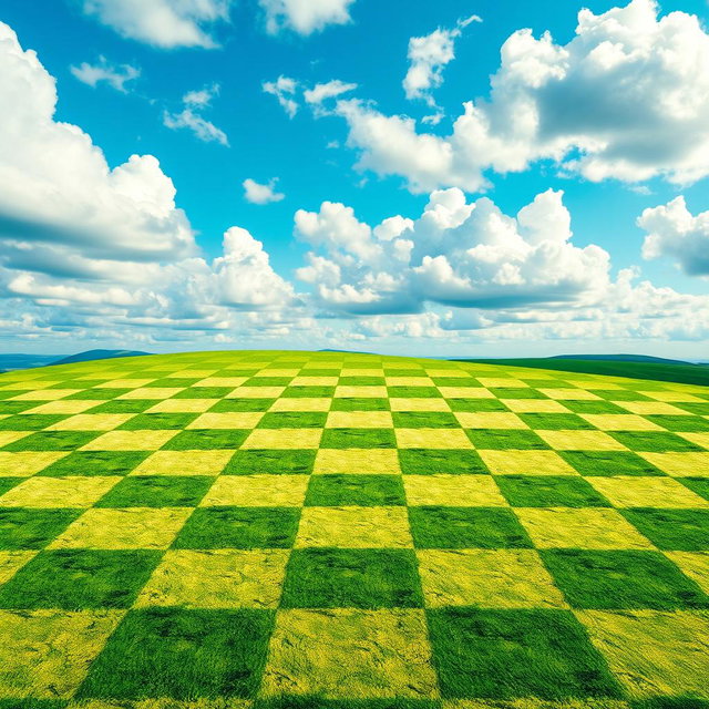 A vivid chessboard pattern with alternating colors of sky and earth, where the sky has a rich blue hue with fluffy clouds, and the earth features a vibrant green landscape
