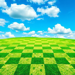 A vivid chessboard pattern with alternating colors of sky and earth, where the sky has a rich blue hue with fluffy clouds, and the earth features a vibrant green landscape