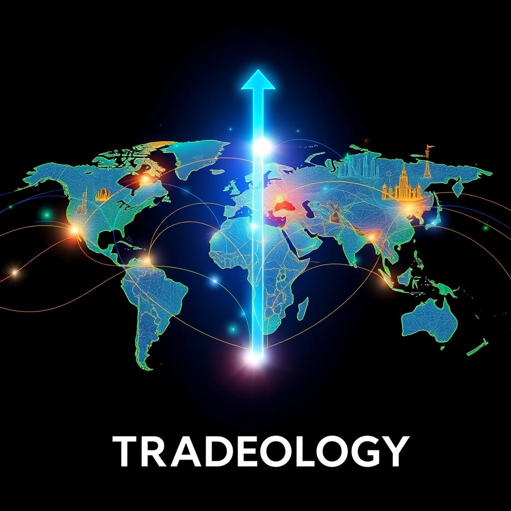 A visually striking abstract representation of the concept of 'Tradeology', featuring interconnected global trade routes depicted with colorful lines and arrows