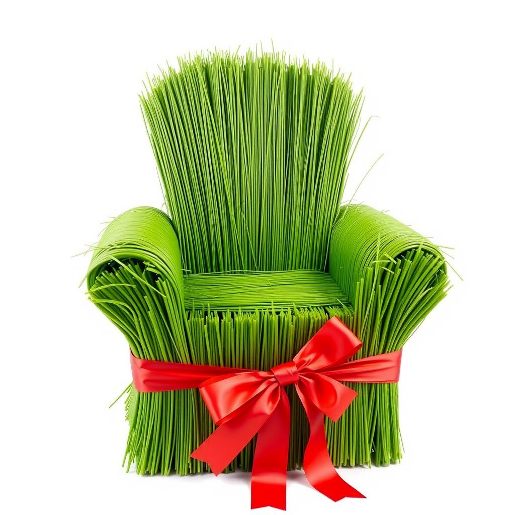 A decorative chair designed to look like a single-person armchair, made entirely of fresh green grass, representing the essence of Nowruz (Persian New Year)