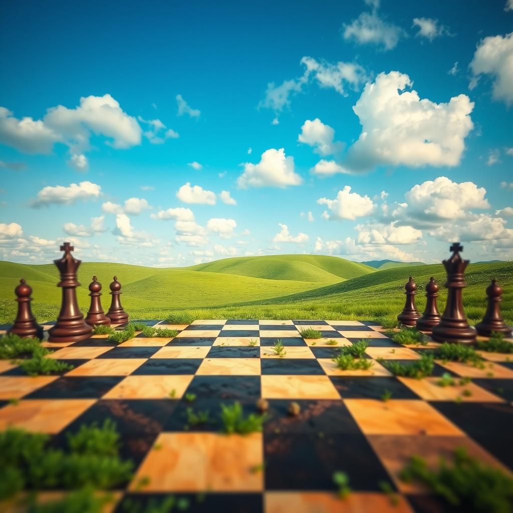 A stunning chessboard background that divides the scene between an expansive, bright blue sky and a rich, green landscape