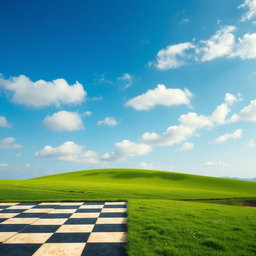 A stunning chessboard background that divides the scene between an expansive, bright blue sky and a rich, green landscape