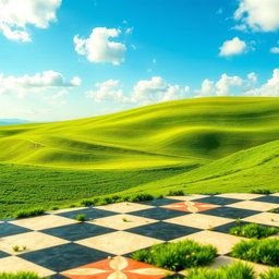 A stunning chessboard background that divides the scene between an expansive, bright blue sky and a rich, green landscape