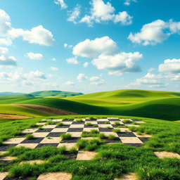 A stunning chessboard background that divides the scene between an expansive, bright blue sky and a rich, green landscape