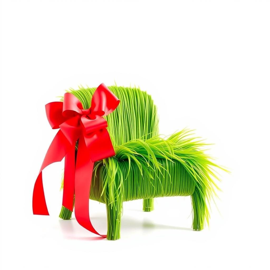 A vibrant Nowruz (Persian New Year) decoration featuring a single-person armchair creatively made from fresh green grass