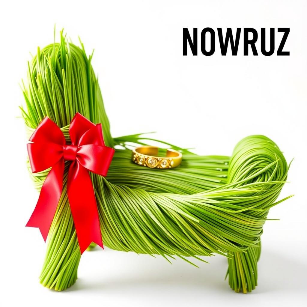 A decorative chair resembling a single-person armchair made from fresh green grass, symbolizing the celebration of Nowruz (Persian New Year)