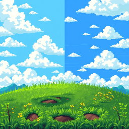 A pixel art background designed for a 2D pixelated game, featuring a split scene of heaven and earth