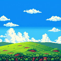 A pixel art background designed for a 2D pixelated game, featuring a split scene of heaven and earth