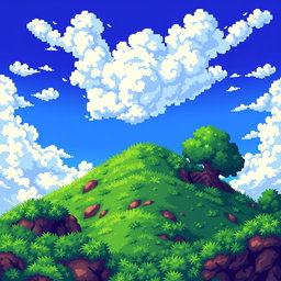A pixel art background designed for a 2D pixelated game, featuring a split scene of heaven and earth