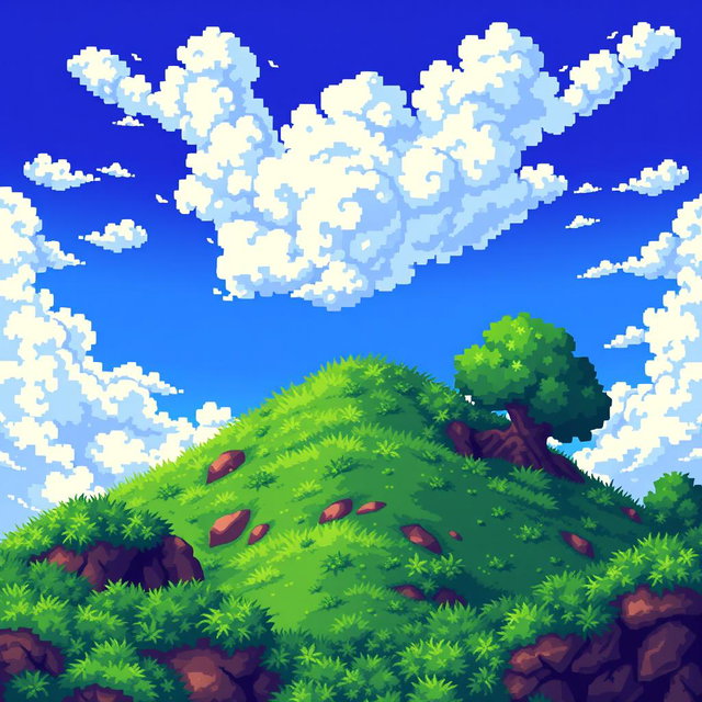 A pixel art background designed for a 2D pixelated game, featuring a split scene of heaven and earth