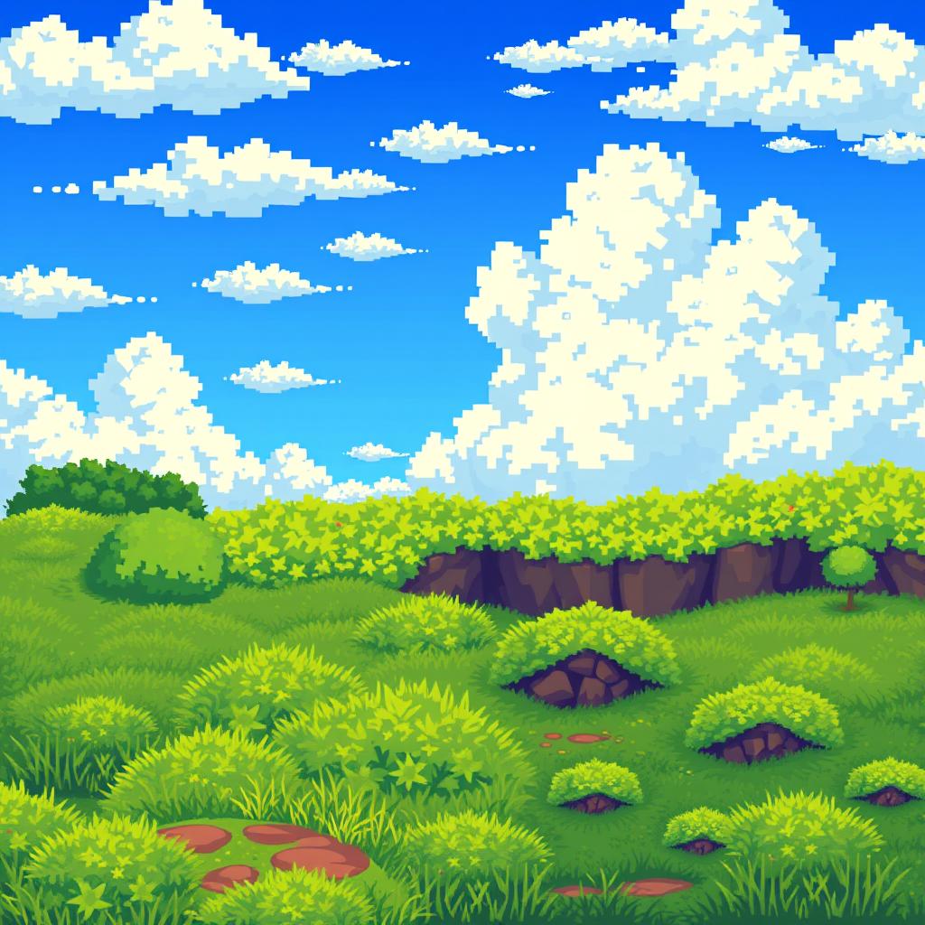 A pixel art background designed for a 2D pixelated game, featuring a split scene of heaven and earth