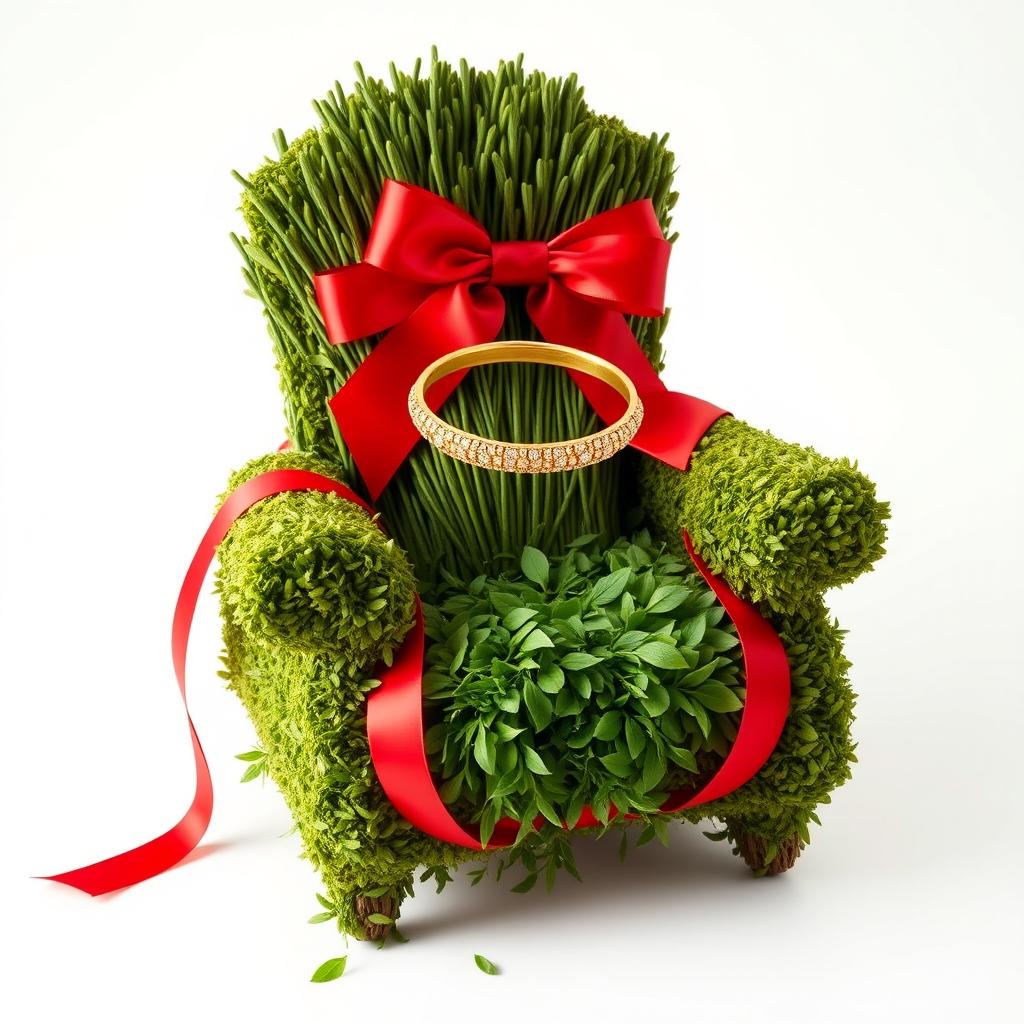 A vibrant and festive scene featuring a traditional Persian Nowruz herb arrangement styled to resemble a single armchair