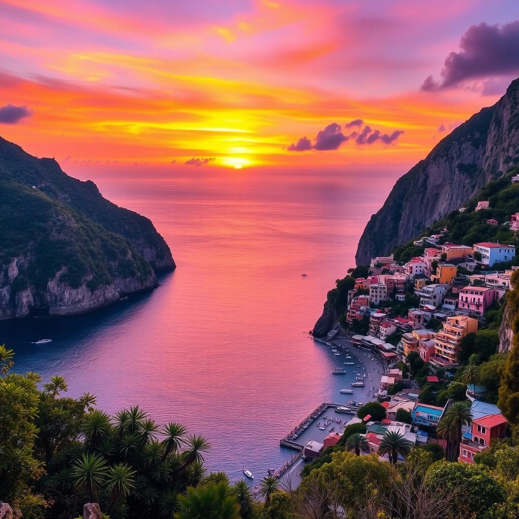 A stunning sunset view over the picturesque coastal town of Positano, Italy