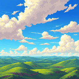 A pixel art background for a 2D World War II themed aerial game featuring a vibrant sky and detailed ground