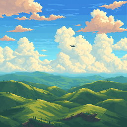 A pixel art background for a 2D World War II themed aerial game featuring a vibrant sky and detailed ground
