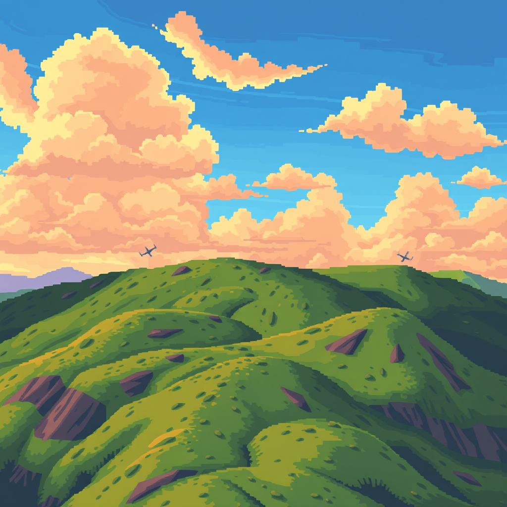 A pixel art background for a 2D World War II themed aerial game featuring a vibrant sky and detailed ground