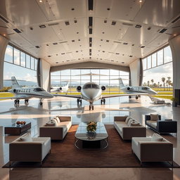 A luxurious private aircraft hangar, featuring numerous high-end private jets and helicopters parked inside