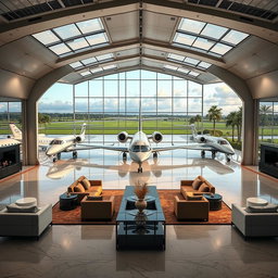 A luxurious private aircraft hangar, featuring numerous high-end private jets and helicopters parked inside