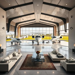 A luxurious private aircraft hangar, featuring numerous high-end private jets and helicopters parked inside