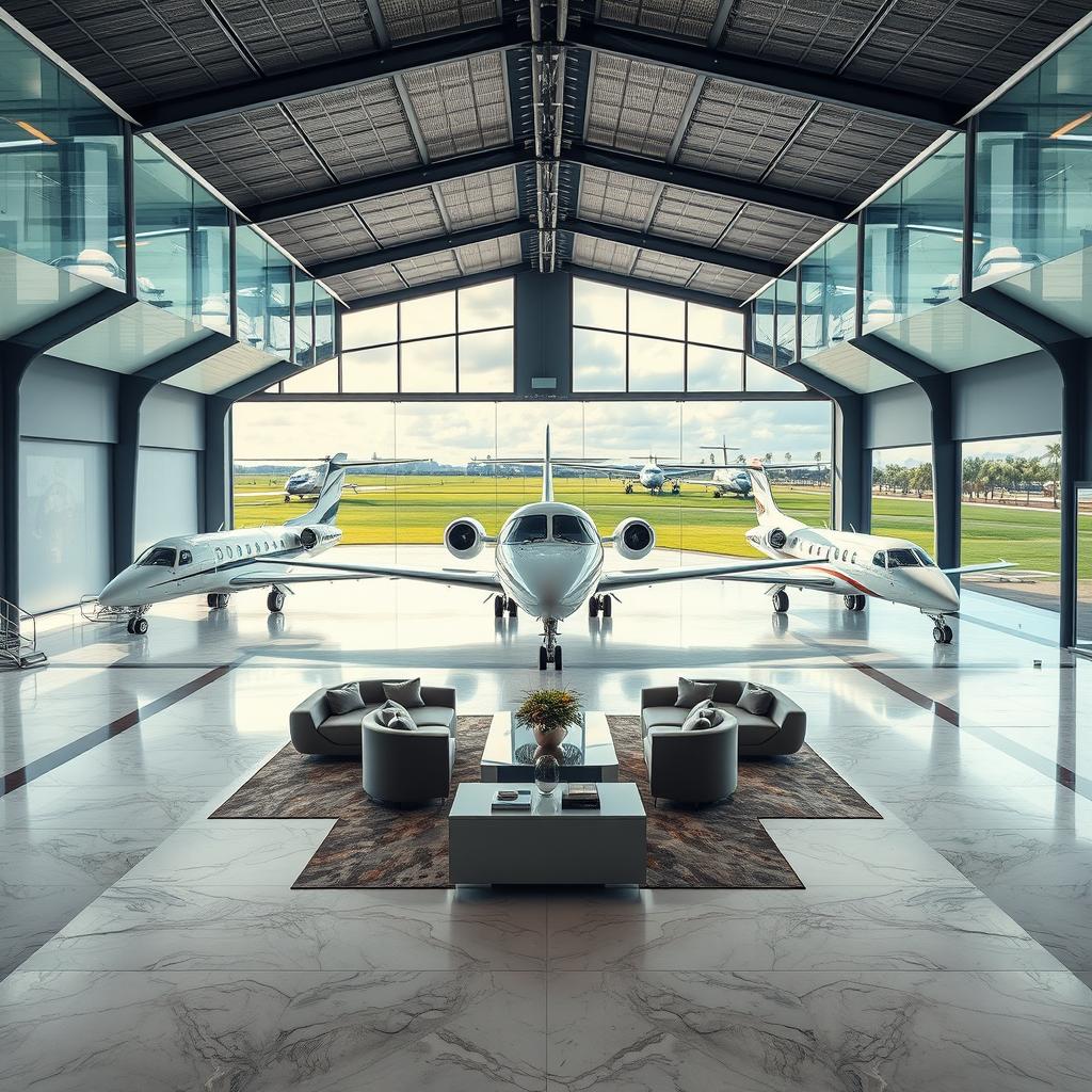 A luxurious private aircraft hangar, featuring numerous high-end private jets and helicopters parked inside
