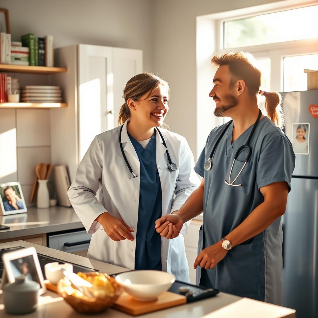 A warm and intimate scene featuring a couple of doctors in a cozy kitchen, both in scrubs and medical coats, holding hands and smiling at each other as they prepare a meal together