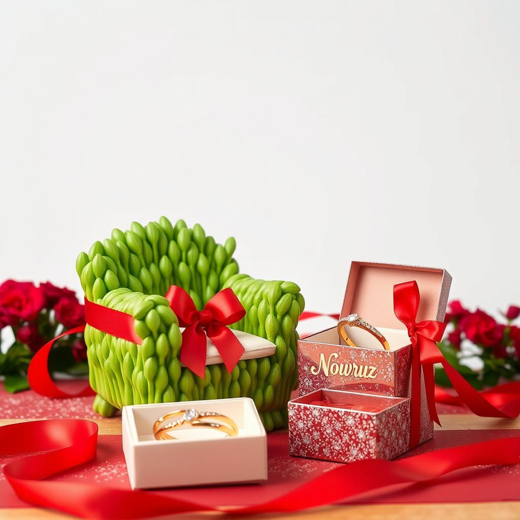 A beautifully arranged Nowruz tabletop scene featuring a single armchair shaped like lush green sprouts symbolizing the new year