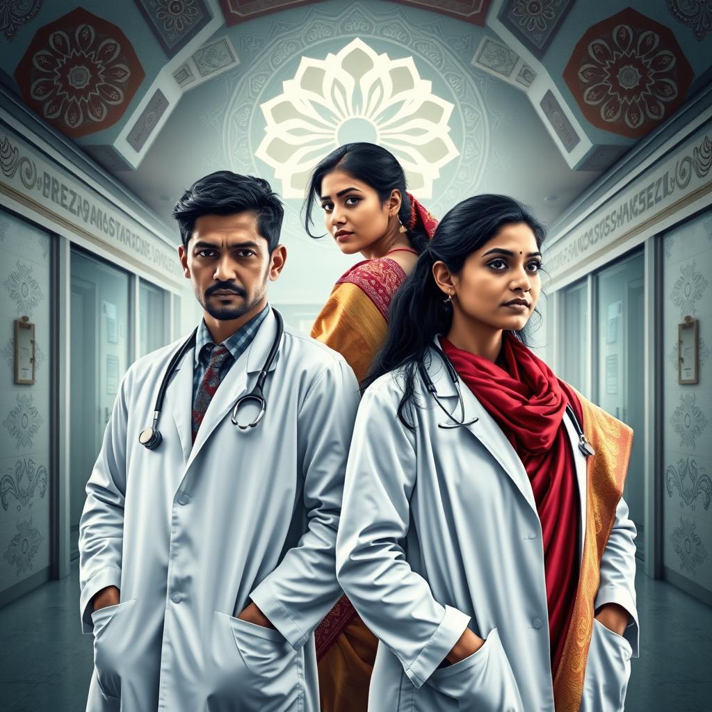 A visually captivating book cover scene blending elements of India and medicine