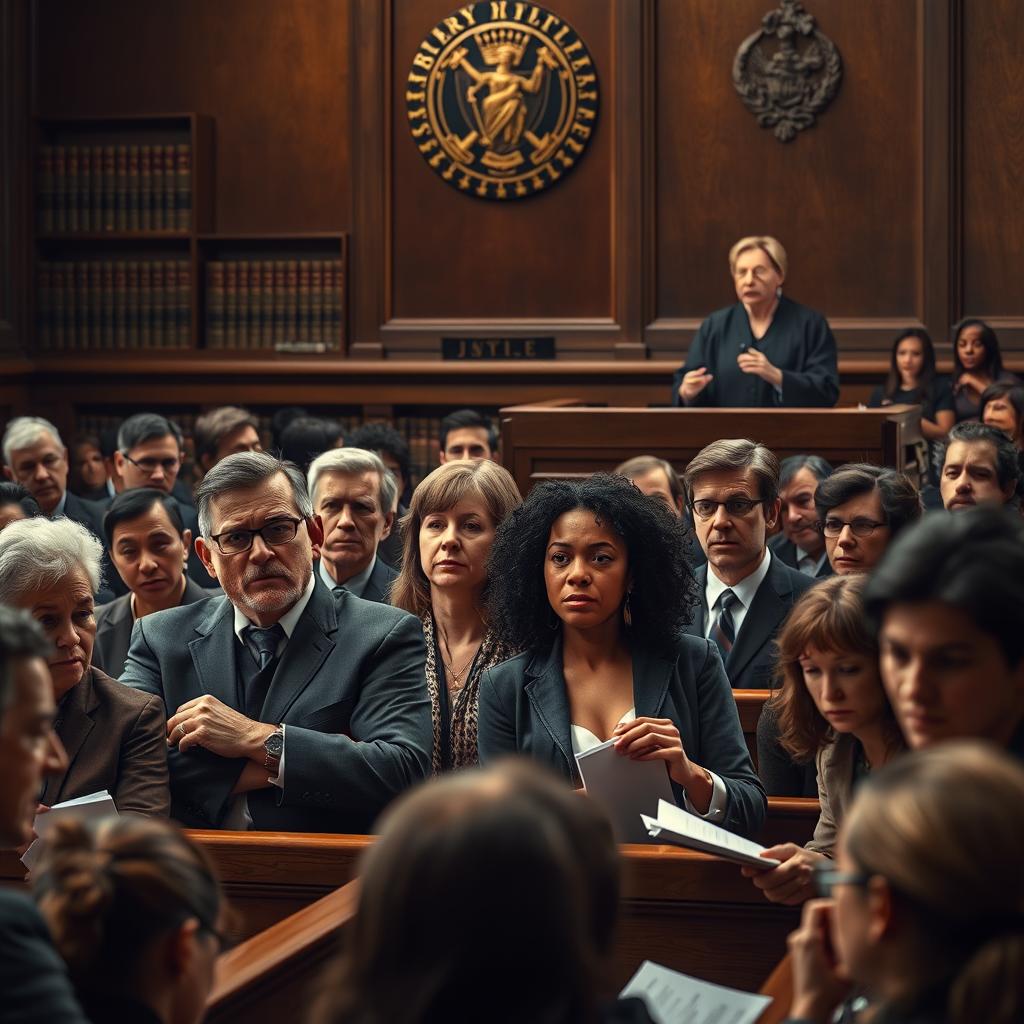 A dynamic scene depicting a jury made up of diverse individuals in a crowded courtroom environment